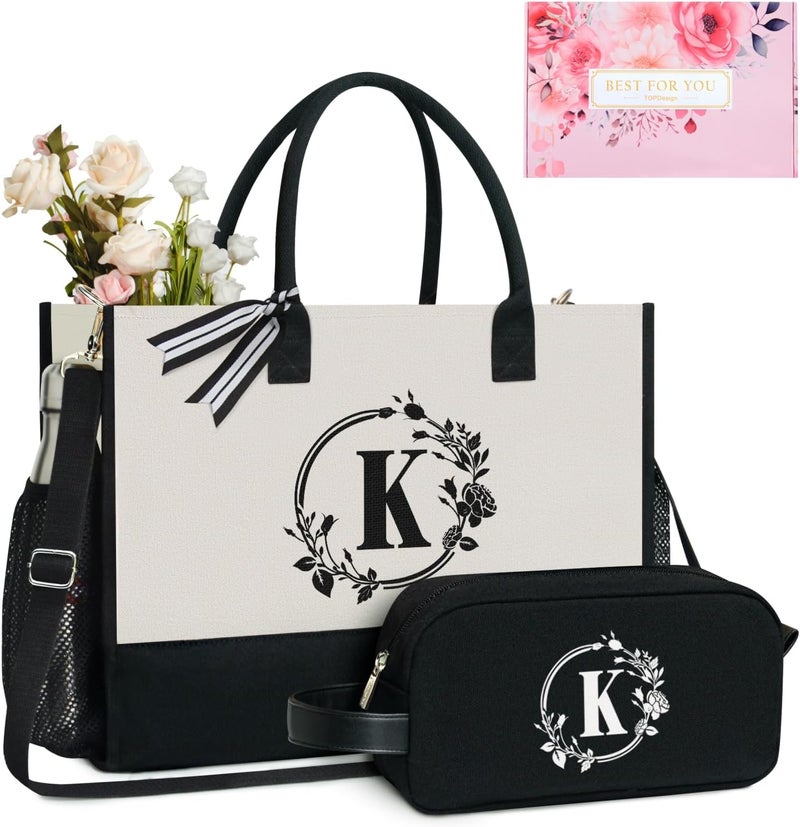 TOPDesign Personalized Initial Canvas Tote Bag, for Wedding, Birthday, Beach, Perfect Gifts for Women, Mom, Teachers, Friends - Image 1